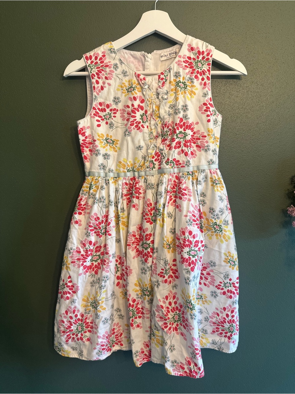 Mini Boden White Floral Ruffle-Front Cotton Dress with Pink and Yellow Blooms